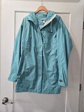 Columbia Women's Omni-Tech Waterproof Rain Jacket Mid-Length Teal Blue XL